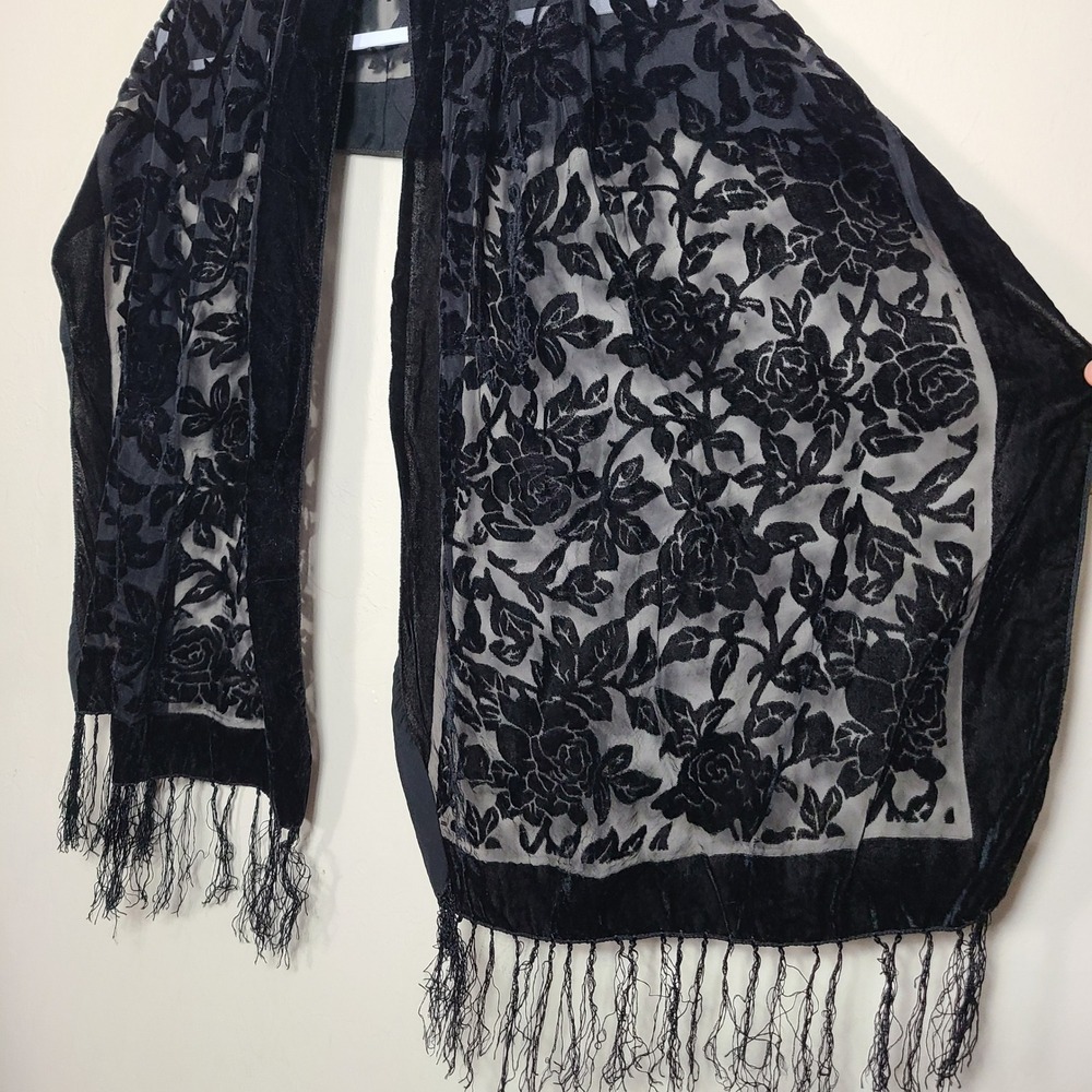 Black Floral Velvet‎ Burnout Scarf Fringe Winter Whimsigoth Fairy Grunge Goth
